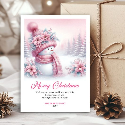 Elegant Pink Snowman Kids Editable Christmas Card シーズンカード