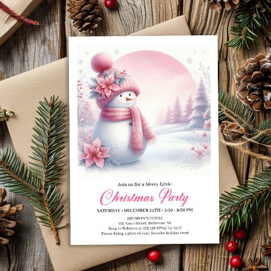 Elegant Pink Snowman Kids Editable Christmas Invit 招待状