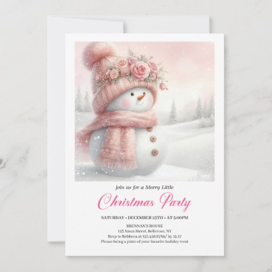 Elegant Pink Snowman Kids Editable Digital Xmas 招待状 (正面)