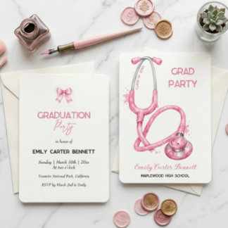 Elegant Pink Stethoscope Nurse Doctor Graduation 招待状