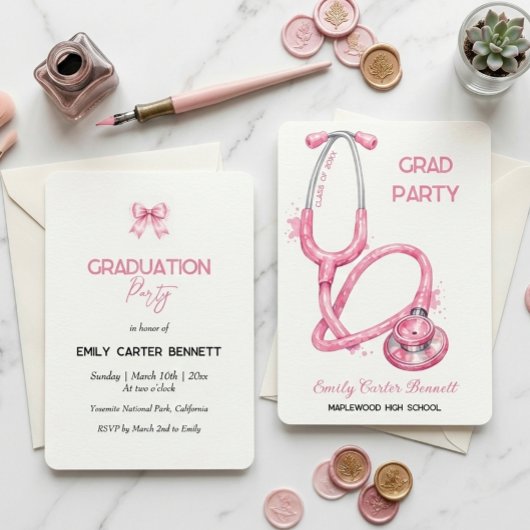Elegant Pink Stethoscope Nurse Doctor Graduation 招待状