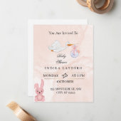 Elegant Pink Stork Baby Shower  ノートカード (正面/裏面インサイチュ)