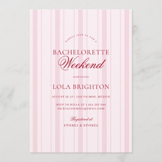 Elegant Pink Stripe Bachelorette Weekend Itinerary 招待状 (正面)
