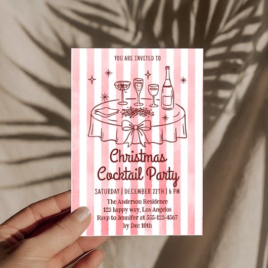 Elegant Pink Striped Christmas Cocktail Party 招待状