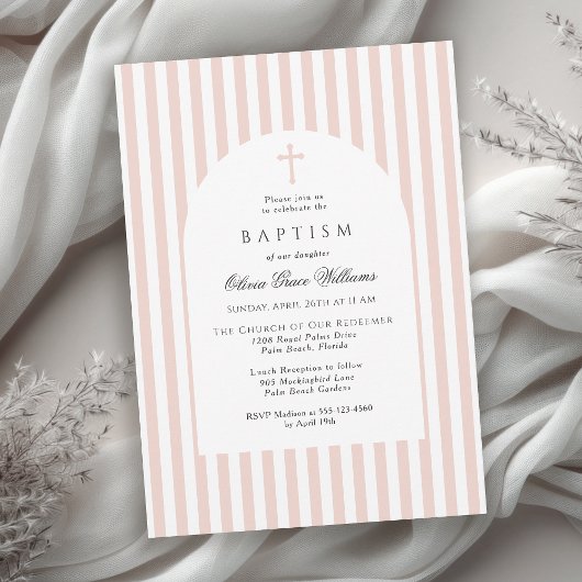 Elegant Pink Stripes Baptism Invitation for Girl 招待状