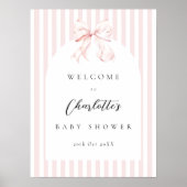 Elegant Pink Stripes Bow Baby Shower Baby Shower ポスター (正面)