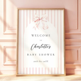 Elegant Pink Stripes Bow Baby Shower Baby Shower ポスター