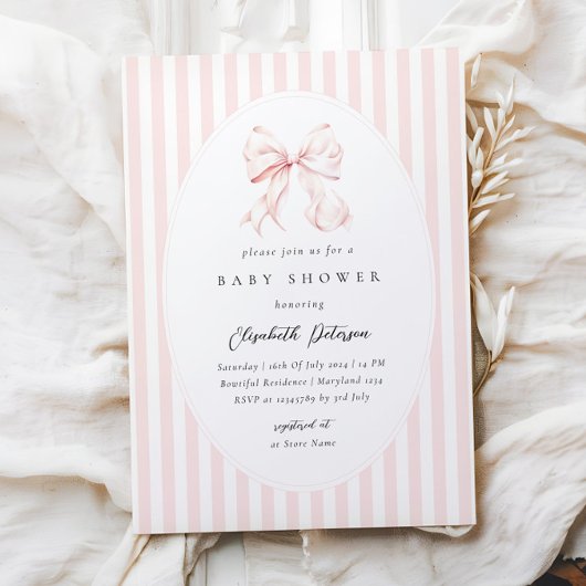 Elegant Pink Stripes Bow Baby Shower Baby Shower 招待状