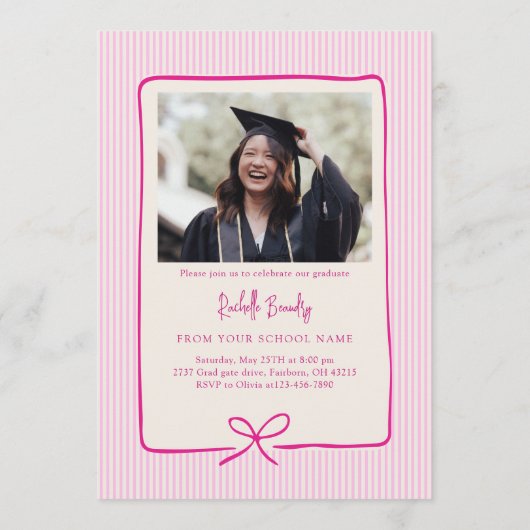 Elegant Pink Stripes Bow Frame Graduation Party 招待状 (裏面)