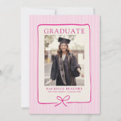 Elegant Pink Stripes Bow Frame Graduation Photo  案内状 (正面)
