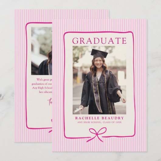 Elegant Pink Stripes Bow Frame Graduation Photo  案内状 (正面/裏面)
