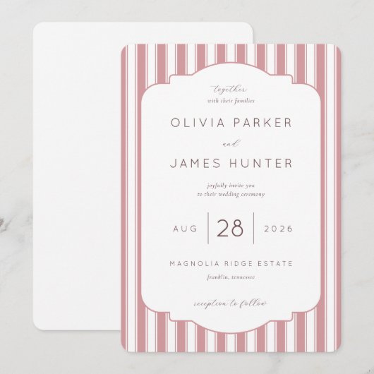 Elegant Pink Stripes Wedding Invitation 招待状 (正面/裏面)