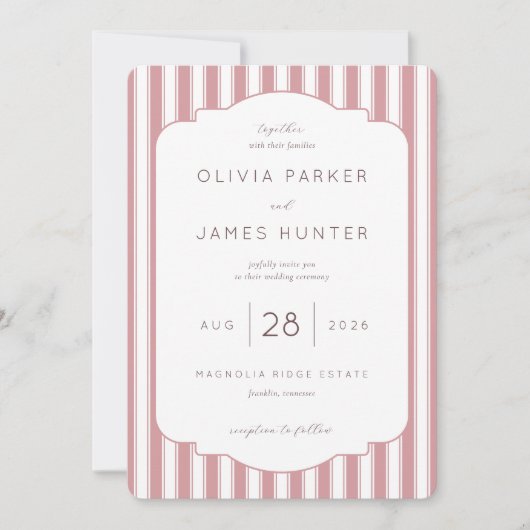 Elegant Pink Stripes Wedding Invitation 招待状 (正面)