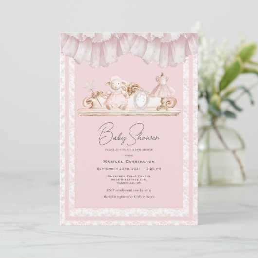 Elegant Pink Toile Vintage Whimsical Baby Shower 招待状 (スタンド正面)
