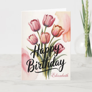 Elegant Pink Tulip Floral Birthday カード