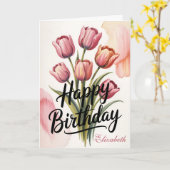 Elegant Pink Tulip Floral Birthday カード (黄色い花)