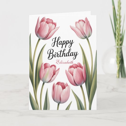 Elegant Pink Tulip Floral Birthday カード (正面)