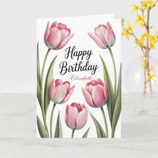 Elegant Pink Tulip Floral Birthday カード (黄色い花)