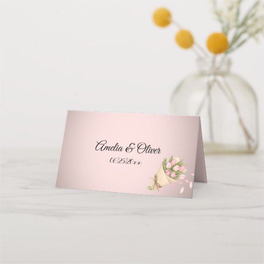 Elegant Pink Tulips Bouquet Wedding プレイスカード (正面)