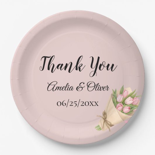 Elegant Pink Tulips Bouquet Wedding ペーパープレート (正面)