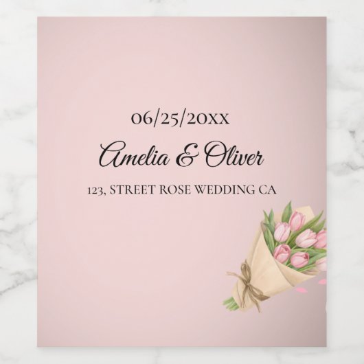 Elegant Pink Tulips Bouquet Wedding ワインラベル (シングルラベル)