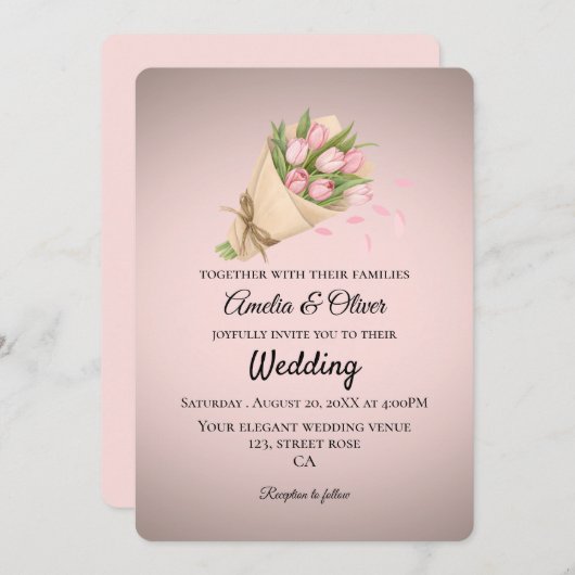 Elegant Pink Tulips Bouquet Wedding 招待状 (正面/裏面)