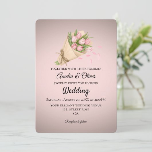 Elegant Pink Tulips Bouquet Wedding 招待状 (スタンド正面)