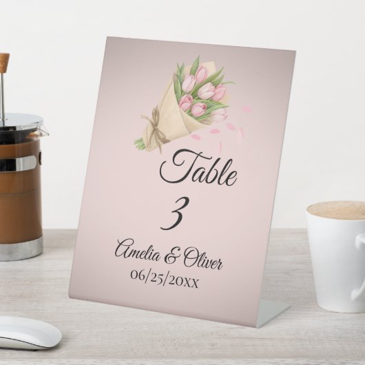 Elegant Pink Tulips Bouquet wedding Table Number 台座サイン (インサイチュ)