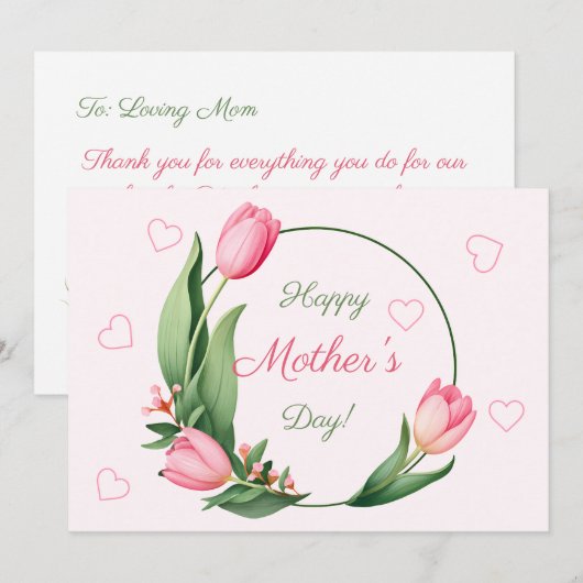 Elegant Pink Tulips Floral Happy Mother’s Day カード (正面/裏面)