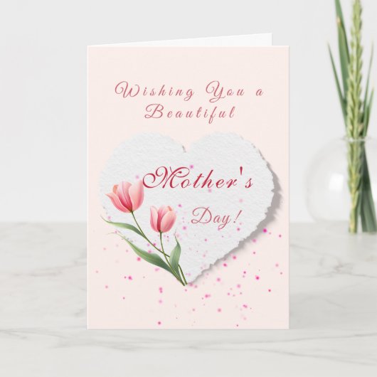 Elegant Pink Tulips & Paper Heart Mother's Day カード (正面)