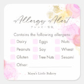 Elegant Pink Watercolor Allergy Alert スクエアシール (正面)