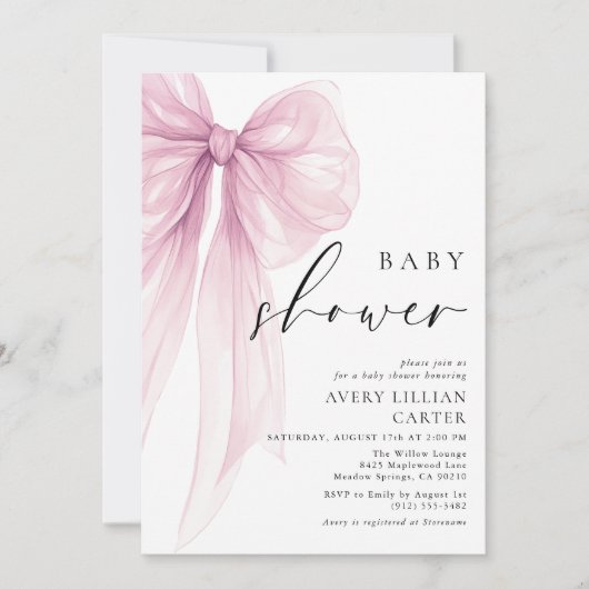 Elegant Pink Watercolor Bow Baby Shower 招待状 (正面)