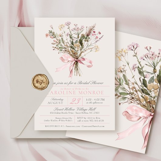 Elegant Pink Watercolor Bow Floral Bridal Shower 招待状