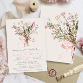 Elegant Pink Watercolor Bow Floral Bridal Shower 招待状