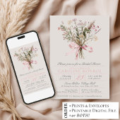 Elegant Pink Watercolor Bow Floral Bridal Shower 招待状