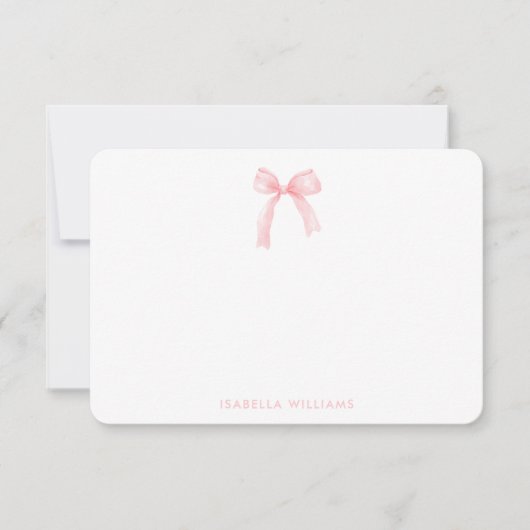 Elegant Pink Watercolor Bow Personalized Note Card ノートカード (正面)