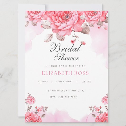 Elegant Pink Watercolor Bridal Shower Invitation (正面)