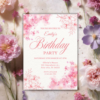 Elegant Pink Watercolor Floral Birthday Party 招待状