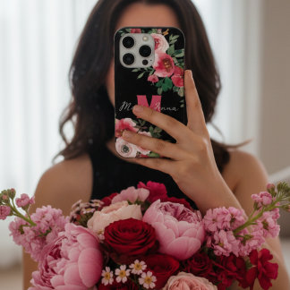 Elegant Pink Watercolor Floral Custom Name Black iPhone 15 Proケース