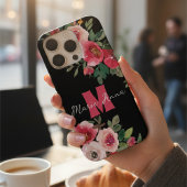 Elegant Pink Watercolor Floral Custom Name Black iPhoneケース