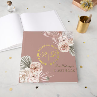 Elegant Pink Watercolor Floral Monogram Wedding ゲストブック