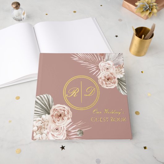 Elegant Pink Watercolor Floral Monogram Wedding ゲストブック (正面見開き)