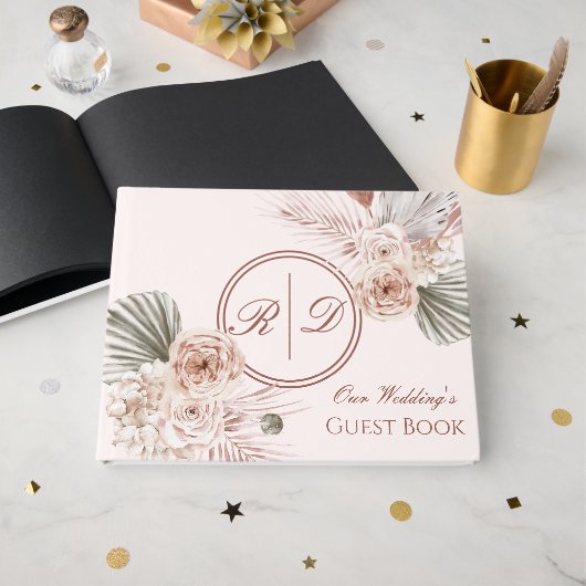 Elegant Pink Watercolor Floral Monogram Wedding ゲストブック (正面見開き)