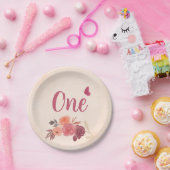 Elegant Pink Watercolor Floral One 1st Birthday  ペーパープレート (パーティー)
