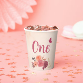 Elegant Pink Watercolor Floral One 1st Birthday  紙コップ