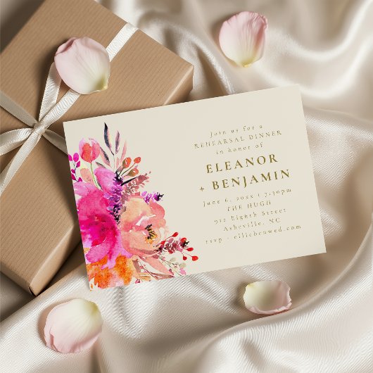 Elegant Pink Watercolor Floral Rehearsal Dinner 招待状