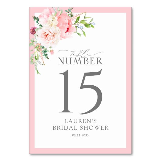 Elegant Pink Watercolor Flowers Bridal Shower テーブルナンバー (正面)