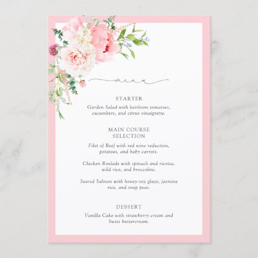 Elegant Pink Watercolor Flowers Bridal Shower メニュー (正面)