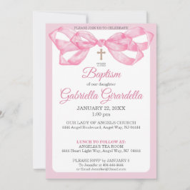 Elegant Pink Watercolor Ribbon Bow Baptism 招待状