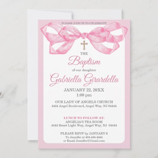Elegant Pink Watercolor Ribbon Bow Baptism 招待状 (正面)